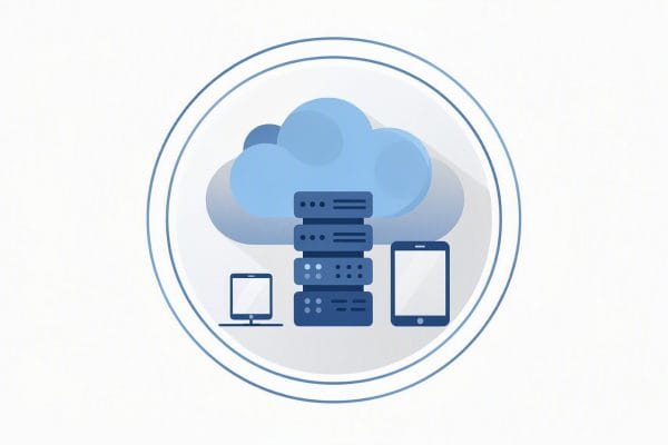 Blue cloud with stacked servers and two devices (desktop monitor and tablet) nearby, inside a circular frame, symbolizing cloud storage.