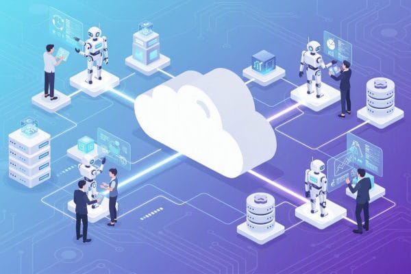using-ai-and-cloud-automation-to-turn-operational-bottlenecks-into-growth | DOWO Digital Cloud computing concept with robots and professionals connected by glowing data lines to a central cloud.